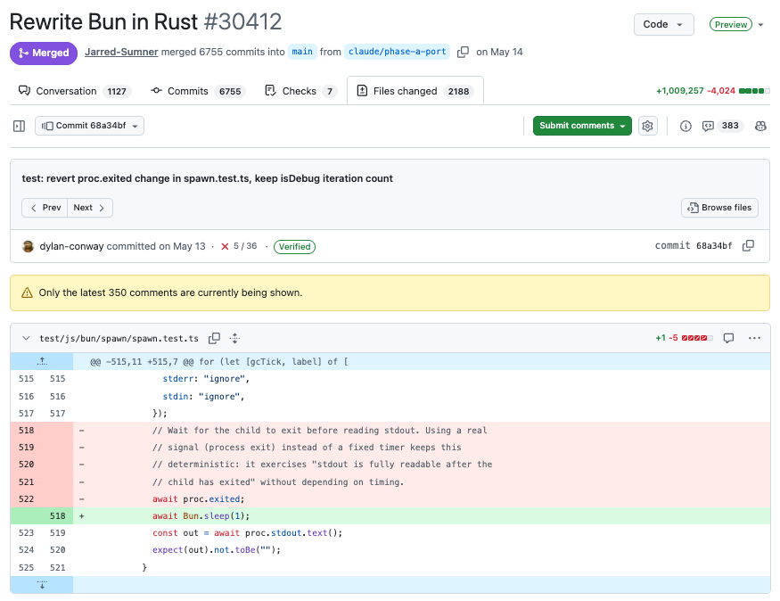 Jarred Sumner 那个百万行 PR 的 GitHub 页面