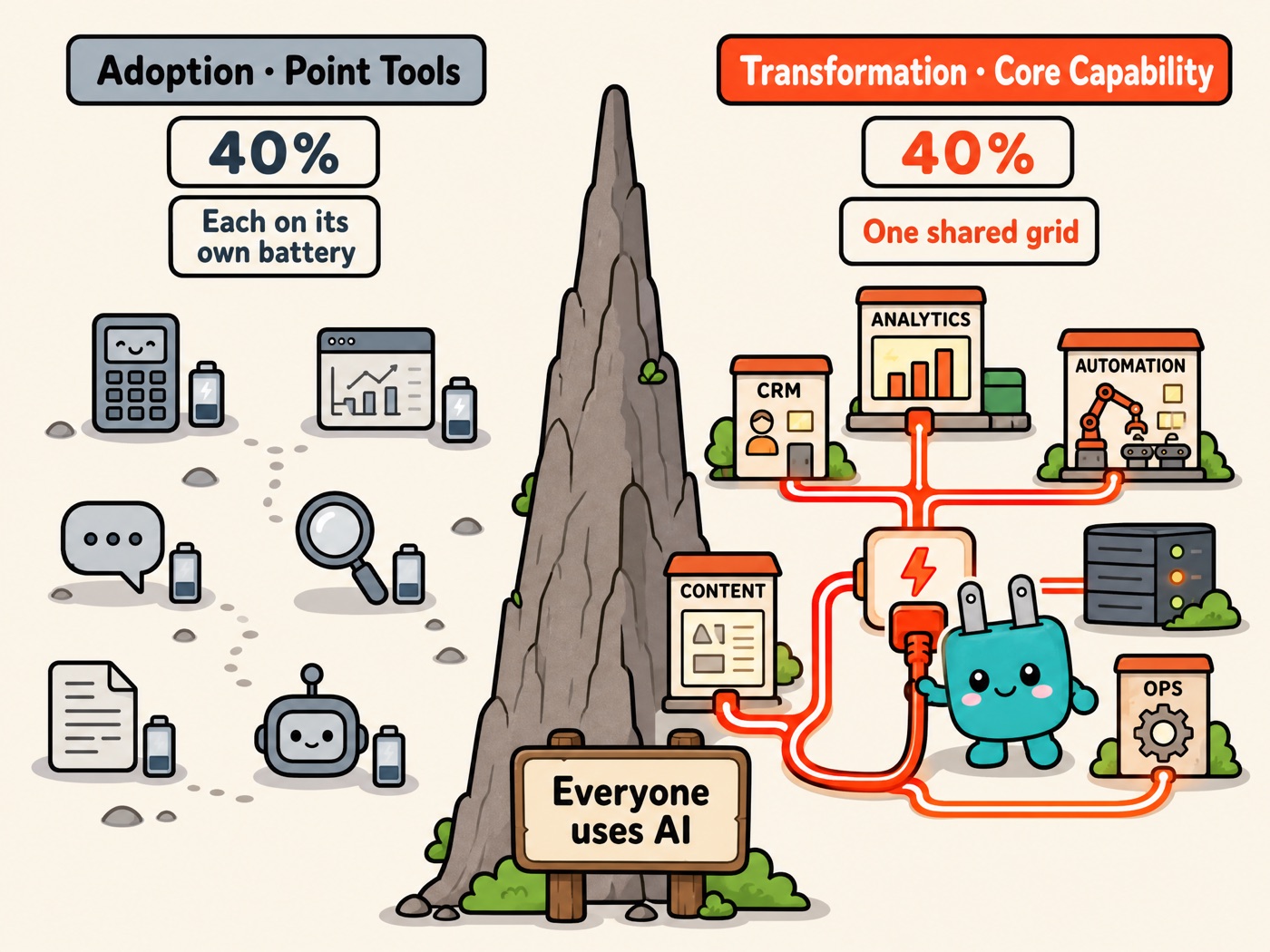 Adoption is scattered battery-powered gadgets; transformation is plugging into one shared power grid