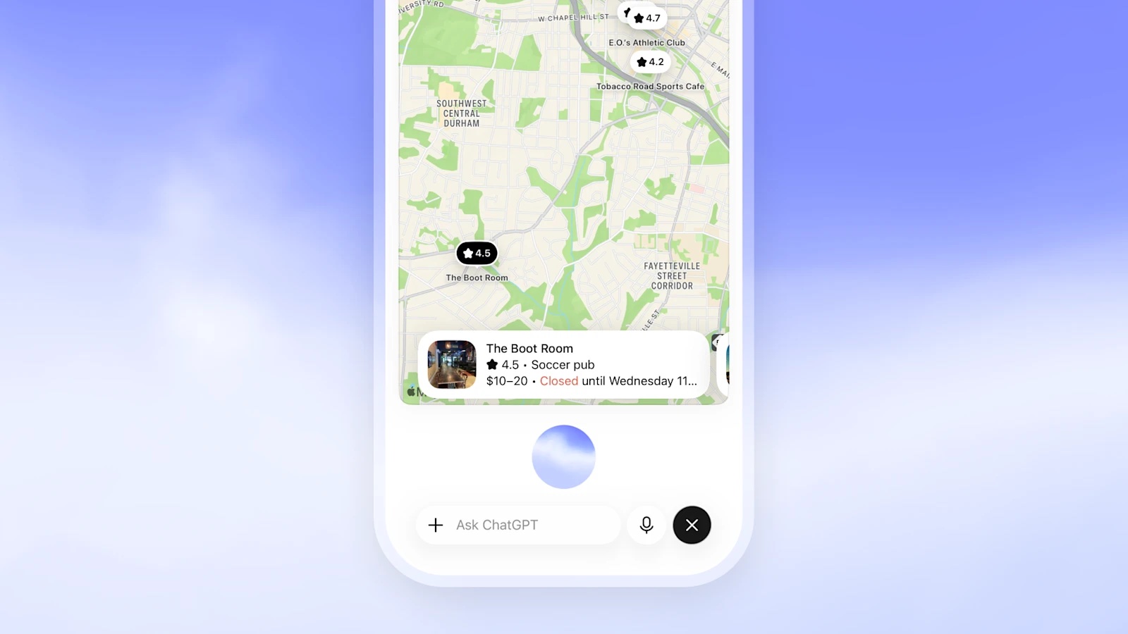 ChatGPT Voice showing a map card of nearby bars
