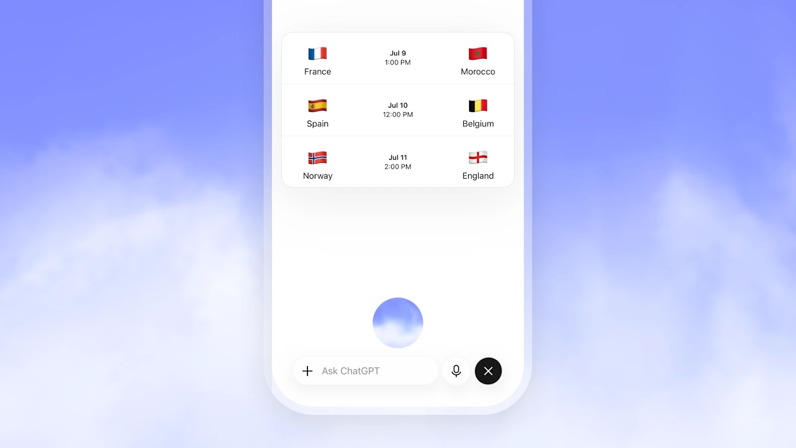 ChatGPT Voice showing a card with upcoming international soccer match schedules