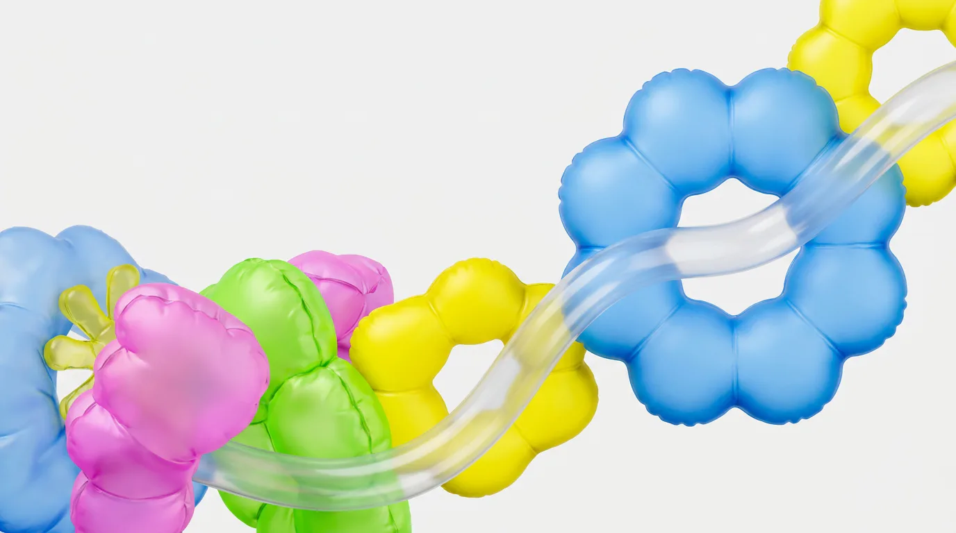 Colorful inflatable shapes connected by translucent tubes, a metaphor for an AI agent migrating between two model systems