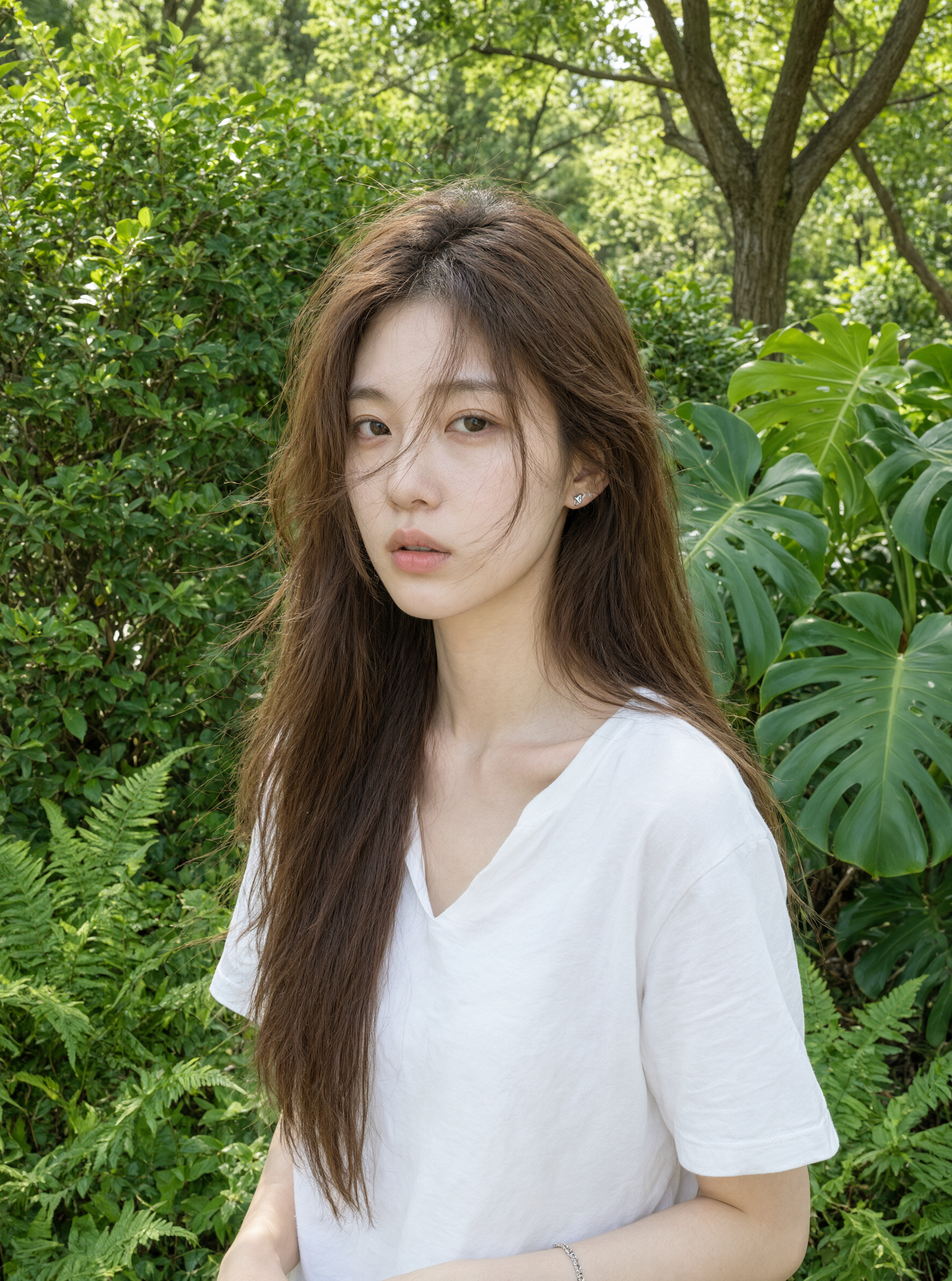 屋外の自然光による人物写真、風になびく後れ毛