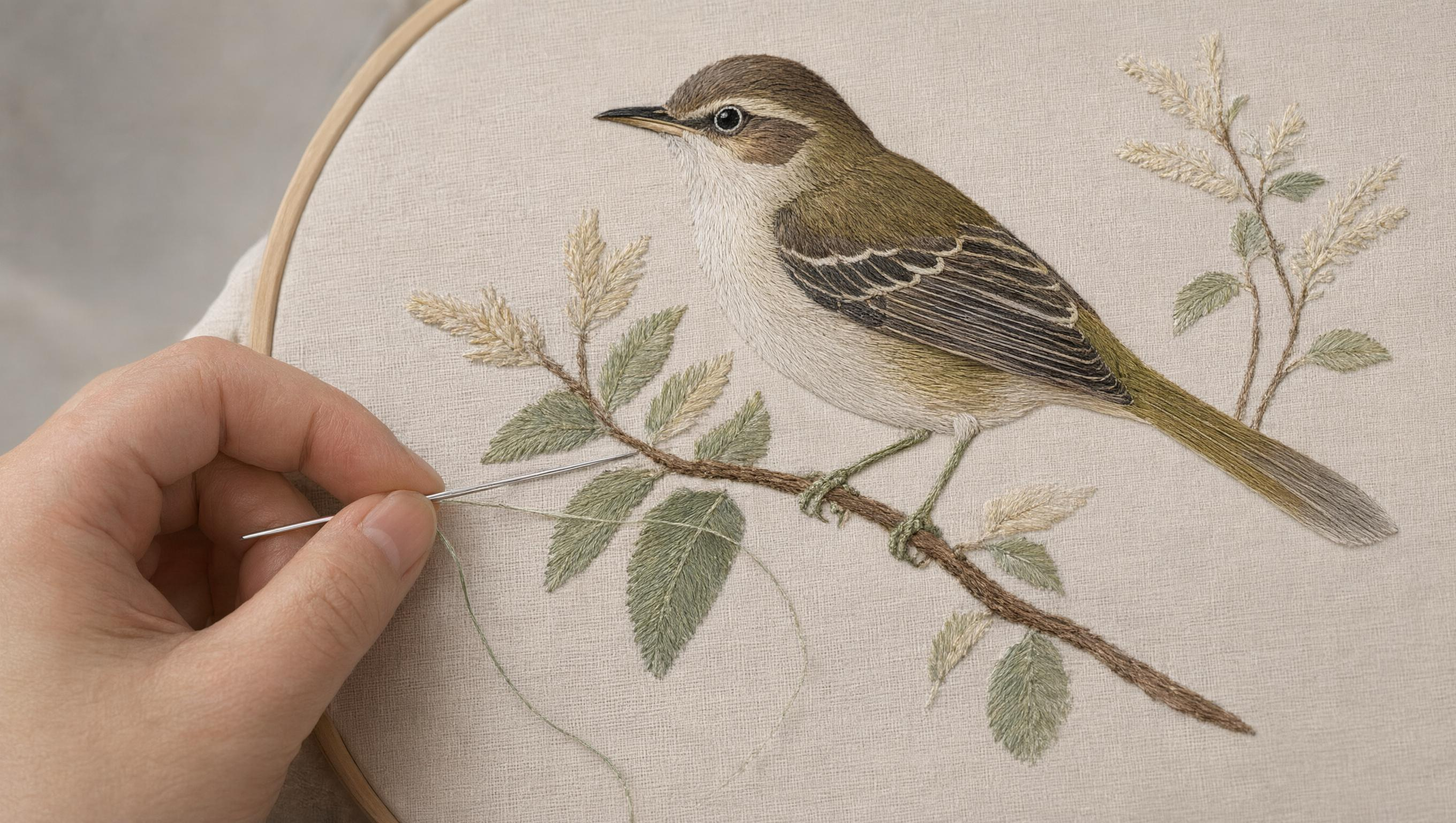 刺繍枠に張られたウグイスの刺繍