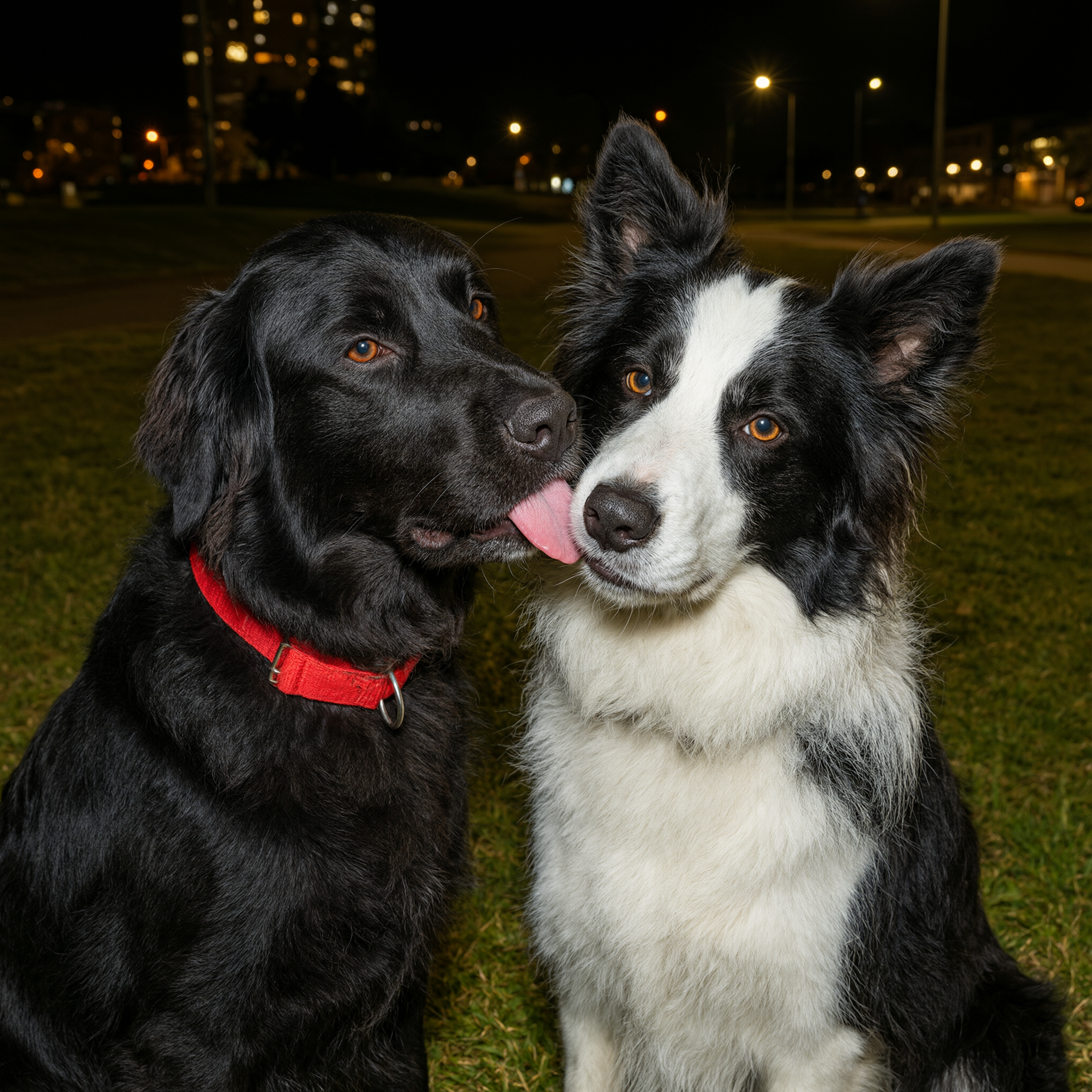 夜、フラッシュ撮影された2匹の犬