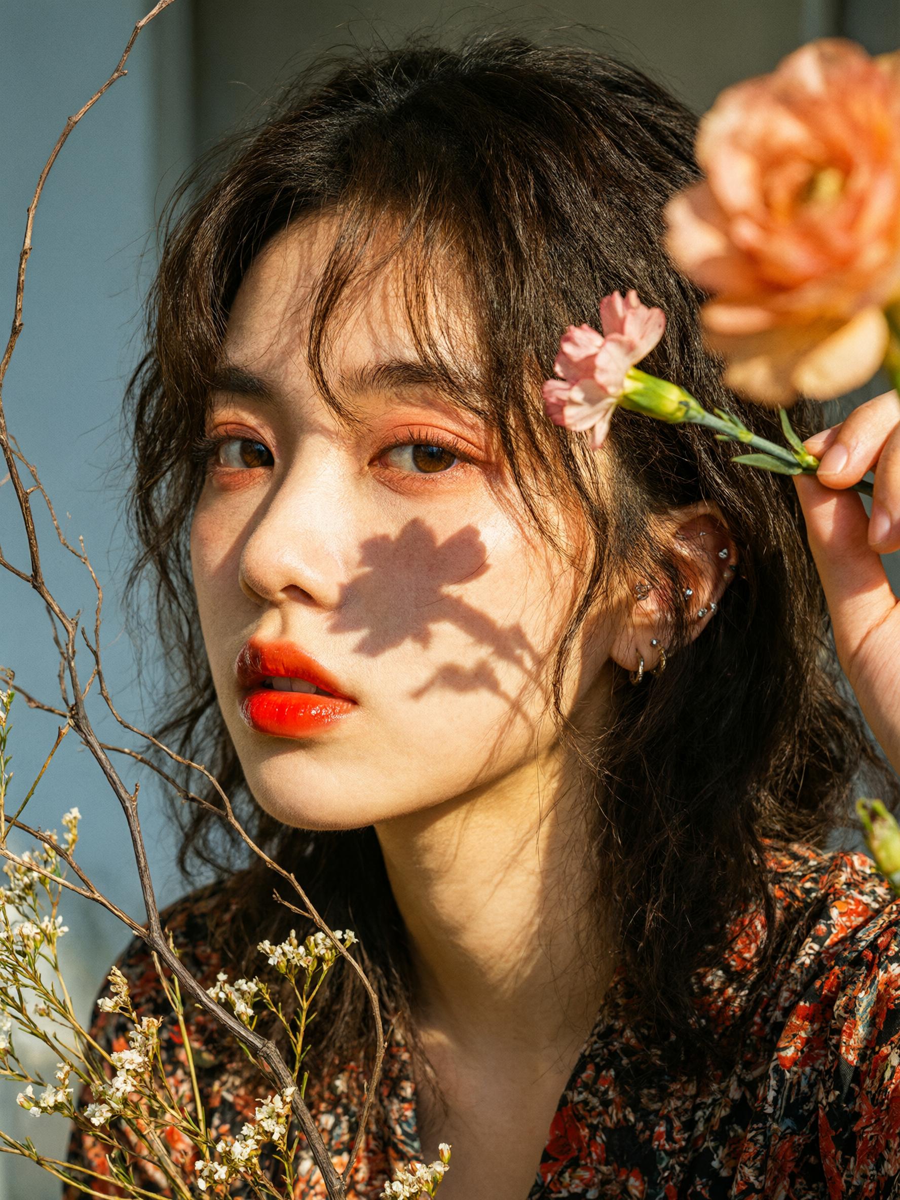 硬い光の人物写真、顔に花の枝の影