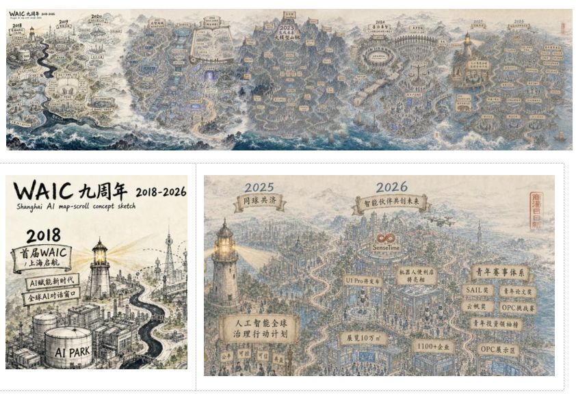 WAIC ninth-anniversary 4:1 ink-wash scroll, full view and detail crops