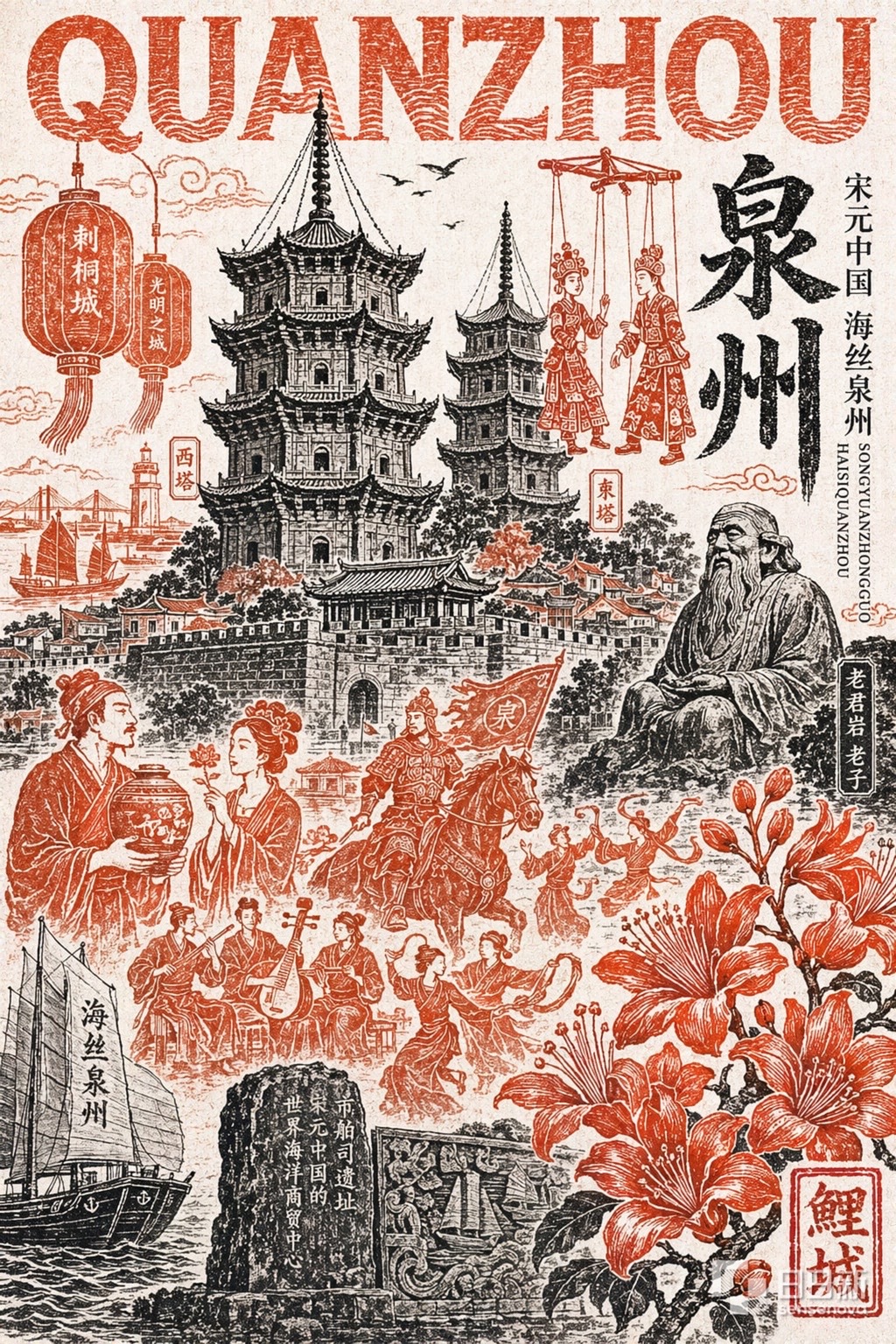 Quanzhou city poster in woodblock print style