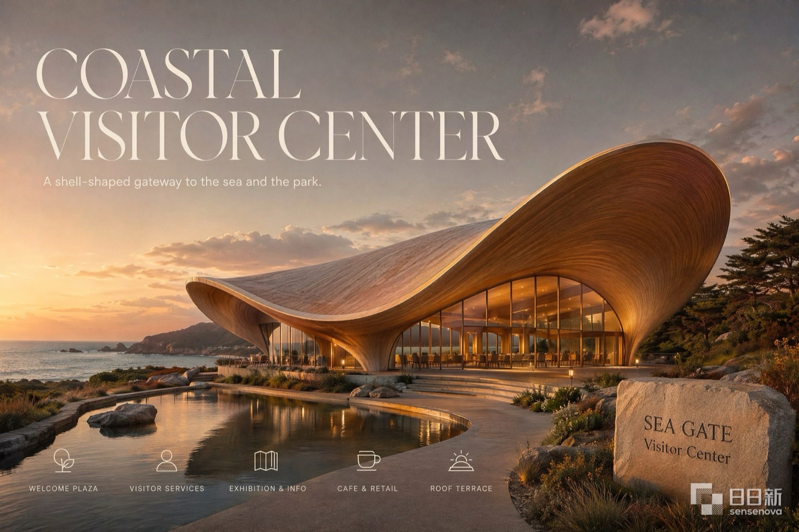 Architectural rendering of a shell-shaped seaside visitor center