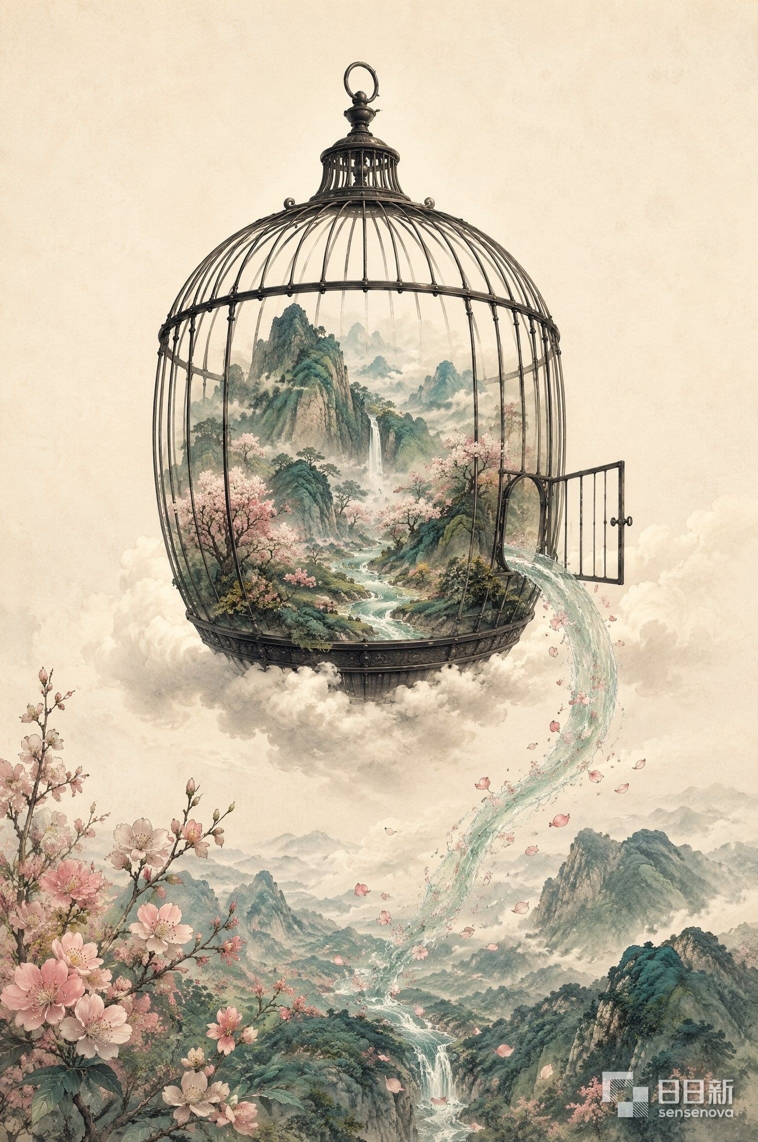 A floating birdcage holding a miniature spring valley