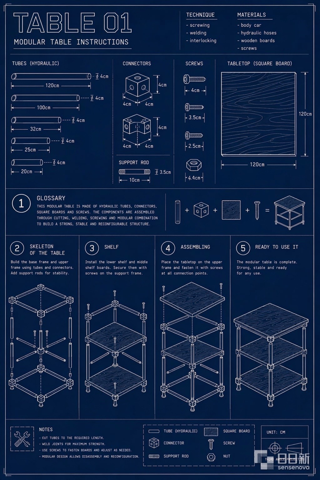 TABLE 01 modular table assembly instructions in blueprint style
