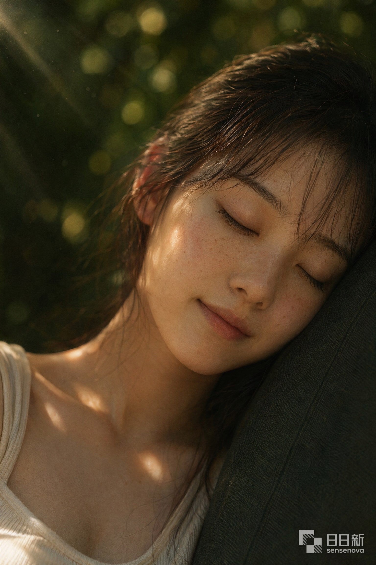 Photorealistic close-up of a freckled girl resting in tree shade